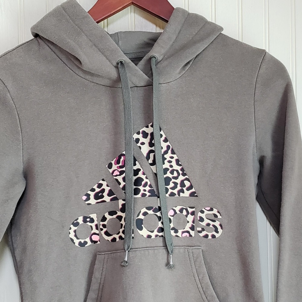 Adidas Hoodie Womens XS Gray Leopard Logo Pullover Fleece Kangaroo‎ Pocket